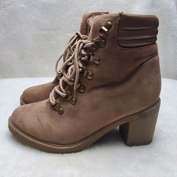 Chunky Boho Lace up Ankle Boots. Suede. Tan. Side zip. 3" heel. Rubber soles and - Picture 6 of 11